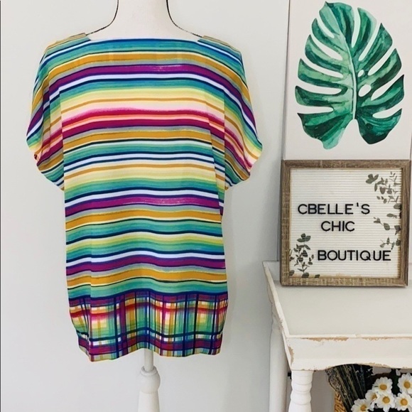 Rachel Zoe Vibrant Multi Stripe Top Sz L - Picture 6 of 11
